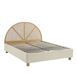 Lit coffre TSUKI  tissu beige lin cannage sommier 160x200 inclus