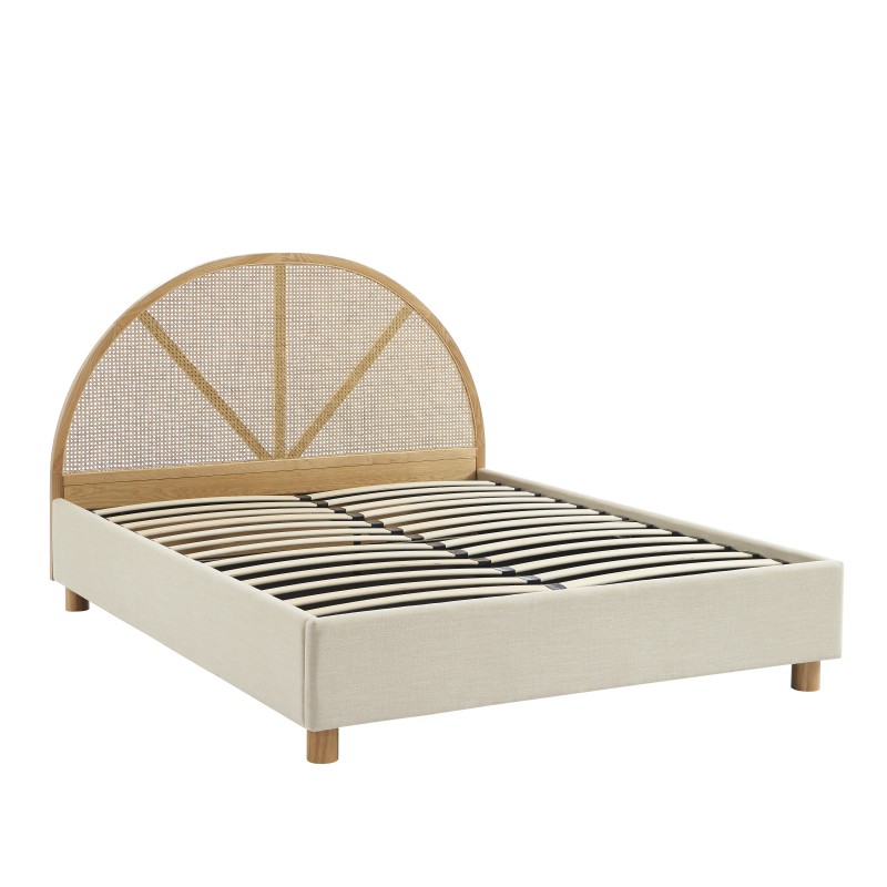 Lit coffre TSUKI  tissu beige lin cannage sommier 160x200 inclus