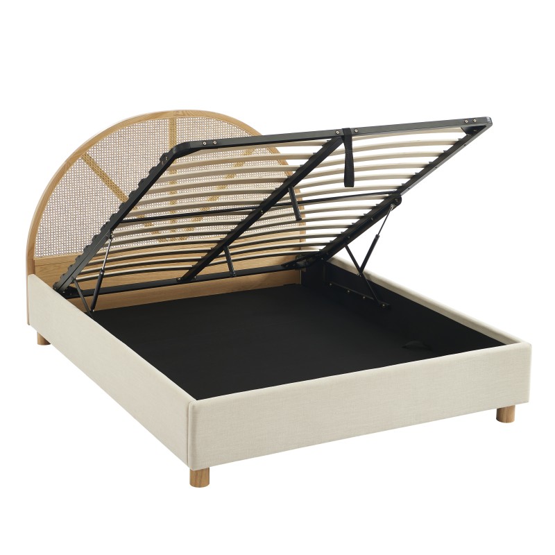 Lit coffre TSUKI  tissu beige lin cannage sommier 160x200 inclus