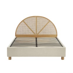 Lit coffre TSUKI  tissu beige lin cannage sommier 160x200 inclus