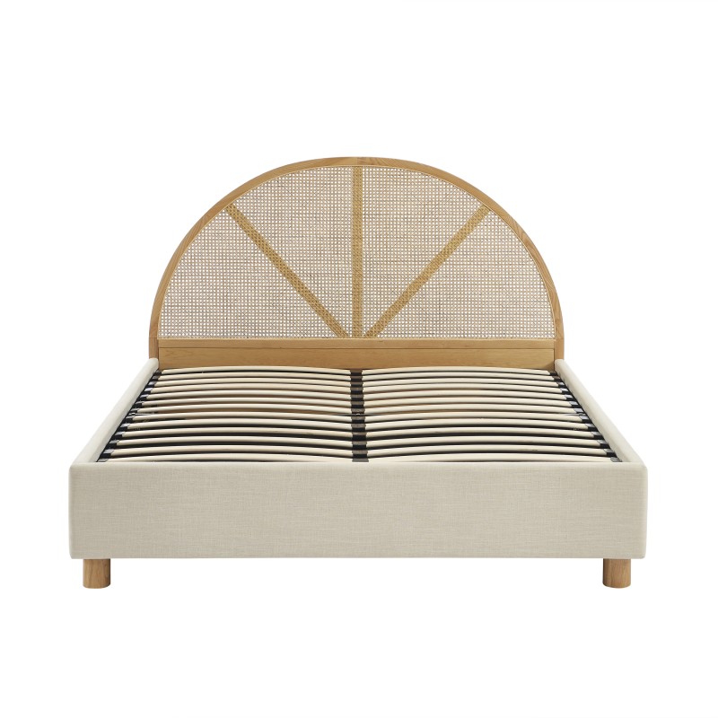 Lit coffre TSUKI  tissu beige lin cannage sommier 160x200 inclus