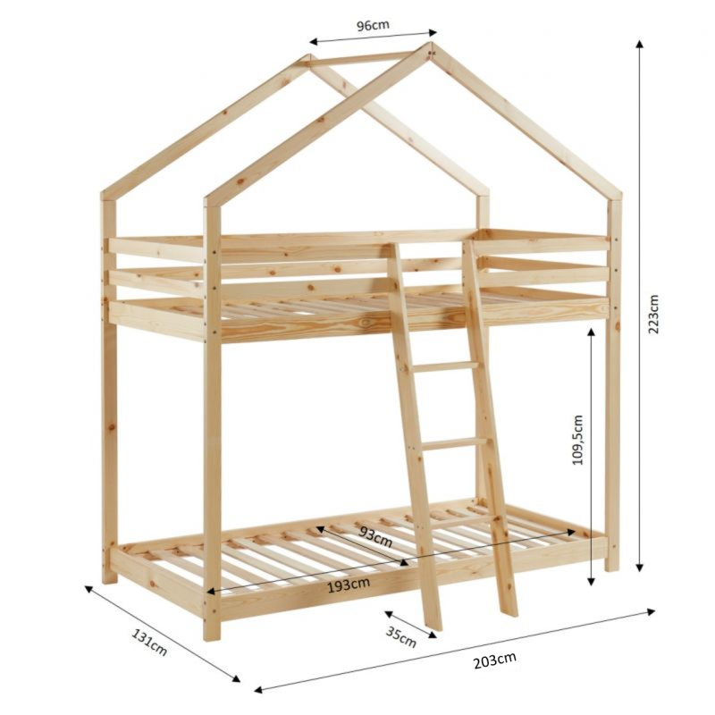 Lit cabane superposé TINY 90x190 pin naturel sommier inclus