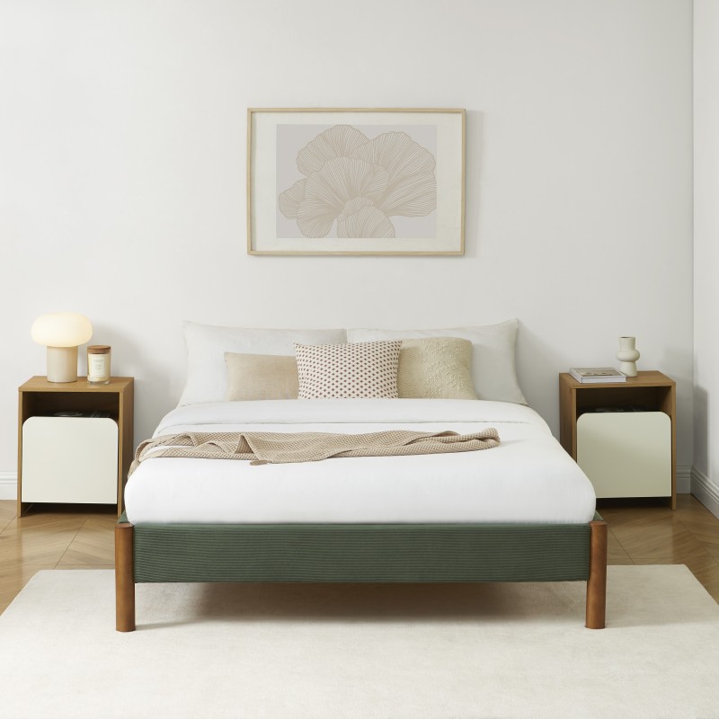 Lit BOWI velours côtelé kaki 140x190 sommier inclus