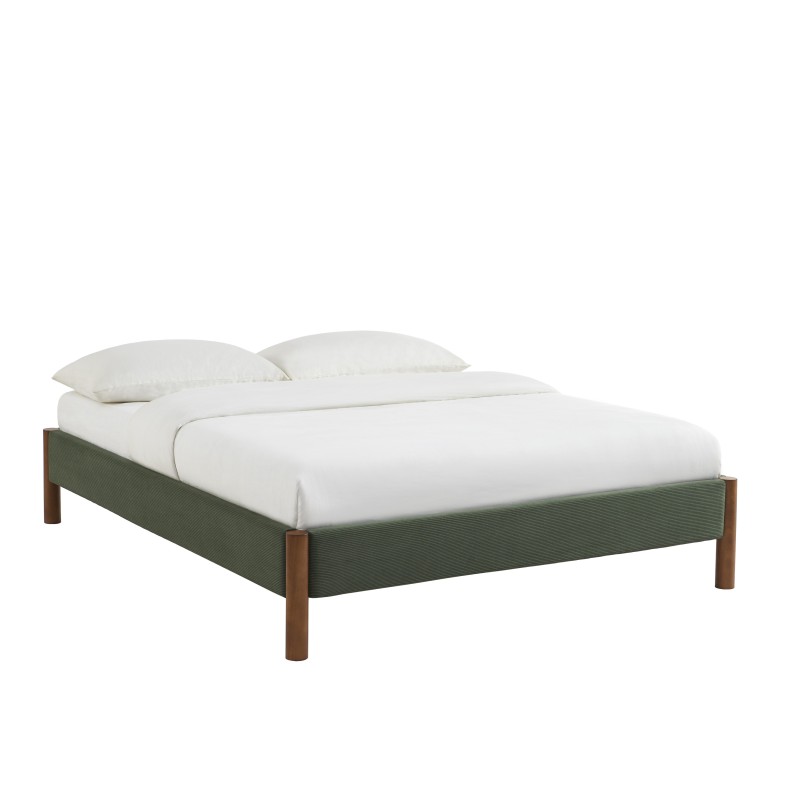 Lit BOWI velours côtelé kaki 140x190 sommier inclus