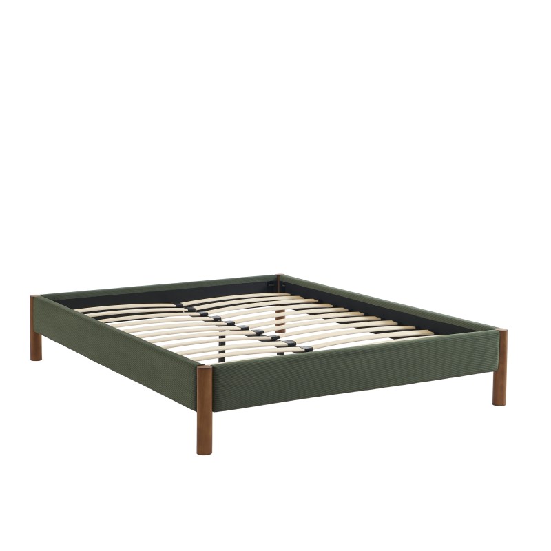 Lit BOWI velours côtelé kaki 140x190 sommier inclus