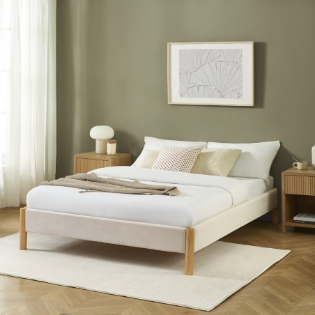 Lit BOWI velours côtelé beige 140x190 sommier inclus