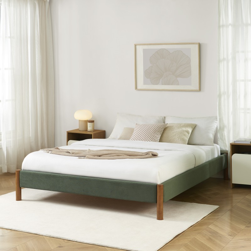 Lit BOWI velours côtelé kaki 160x200 sommier inclus