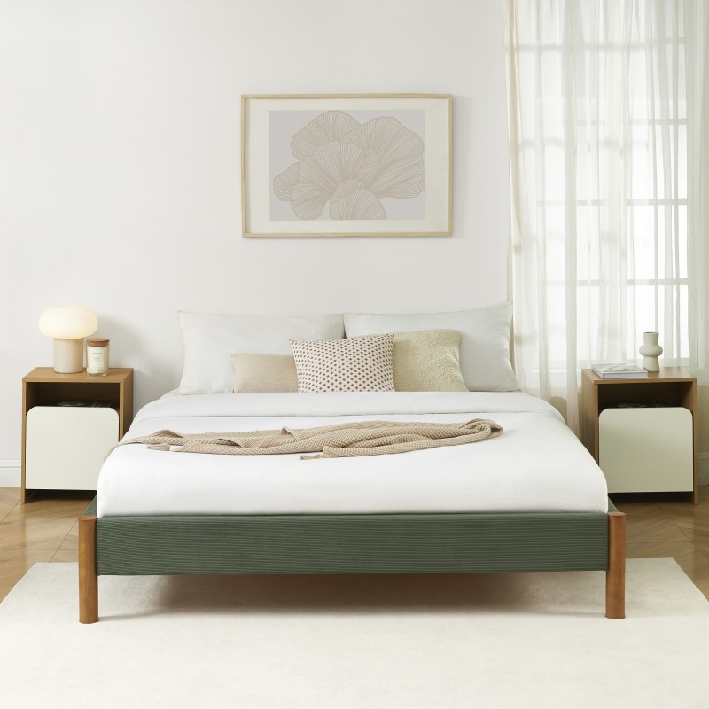 Lit BOWI velours côtelé kaki 160x200 sommier inclus
