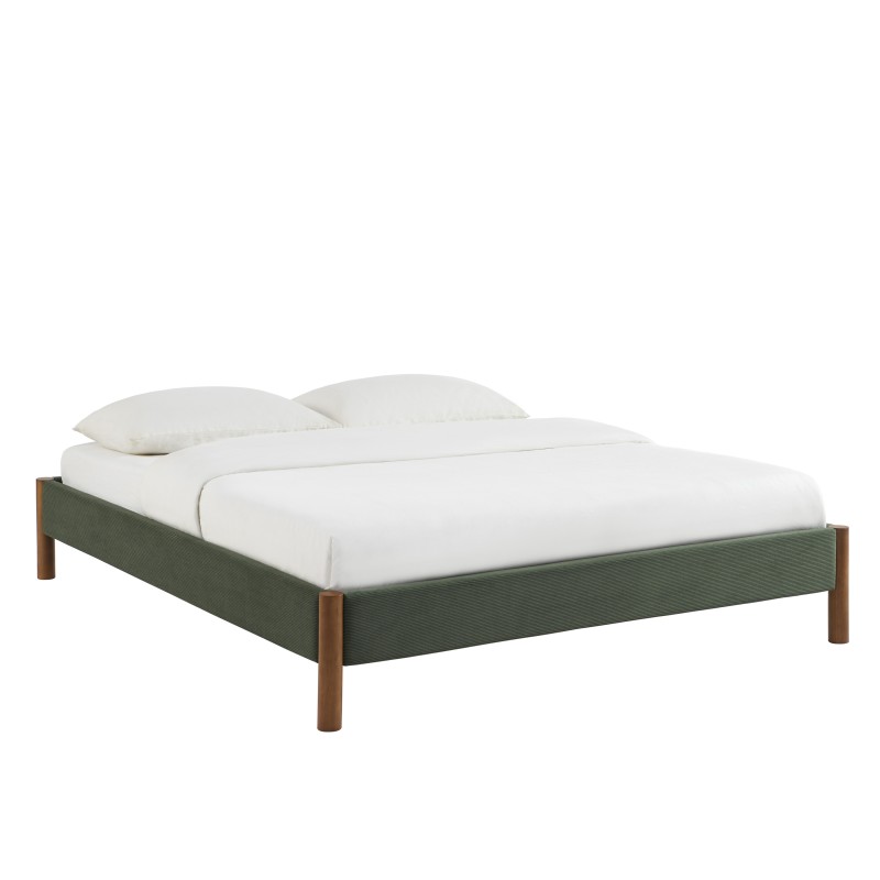 Lit BOWI velours côtelé kaki 160x200 sommier inclus