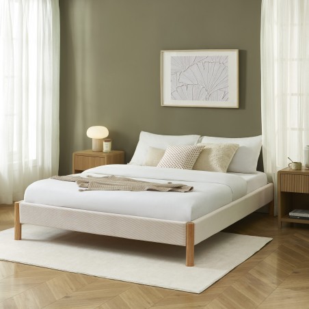 Lit BOWI velours côtelé beige 160x200 sommier inclus