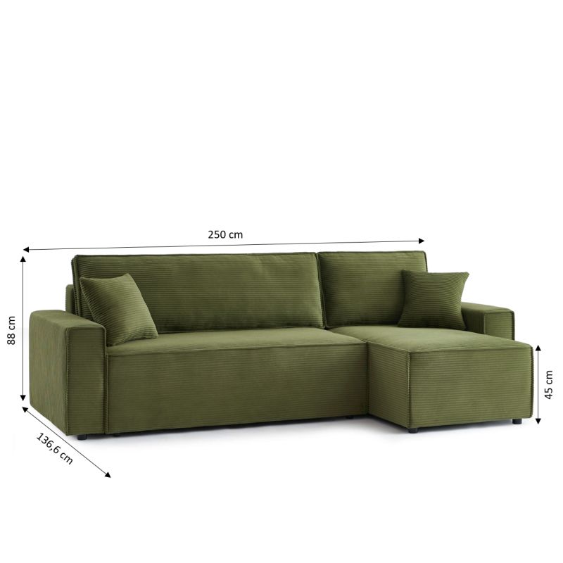 Canapé d'angle convertible et réversible 4 places ZOLA velours côtelé vert