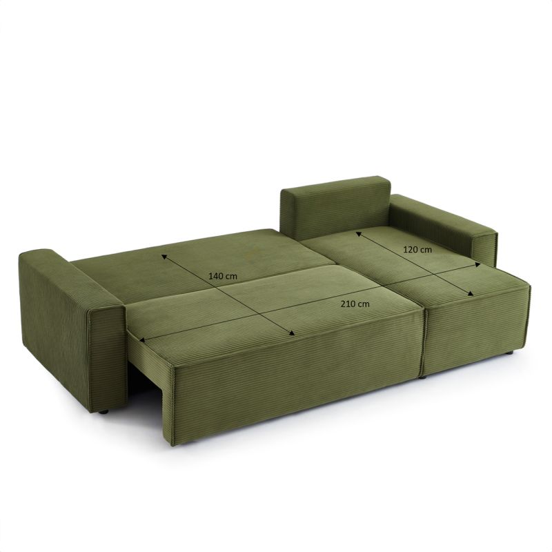 Canapé d'angle convertible et réversible 4 places ZOLA velours côtelé vert