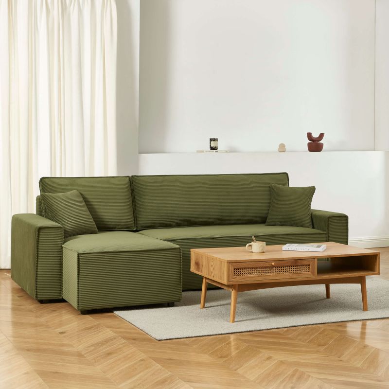 Canapé d'angle convertible et réversible 4 places ZOLA velours côtelé vert