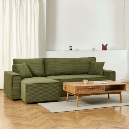 Canapé d'angle convertible et réversible 4 places ZOLA velours côtelé vert
