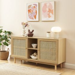 Buffet HELENA effet chêne et cannage rotin 2 portes 150 cm