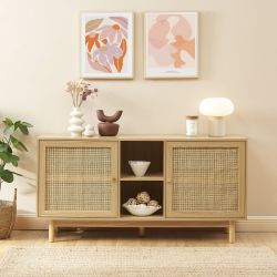 Buffet HELENA effet chêne et cannage rotin 2 portes 150 cm