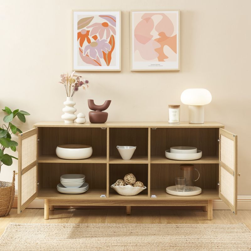 Buffet HELENA effet chêne et cannage rotin 2 portes 150 cm