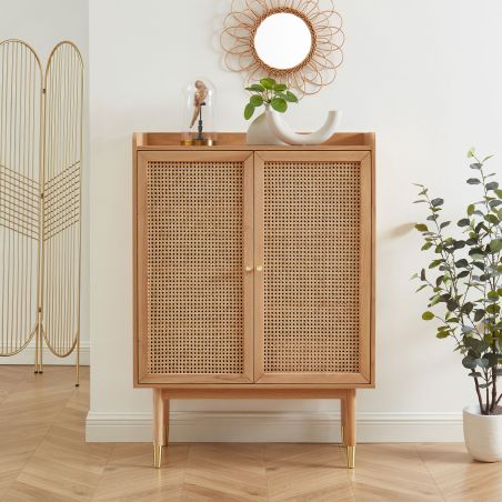 Buffet haut LEON placage chêne et cannage rotin 2 portes 90cm
