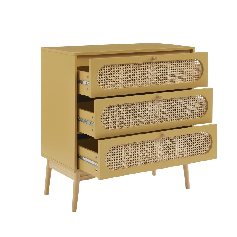 Commode SIXTINE 3 tiroirs jaune safran et cannage rotin 80cm