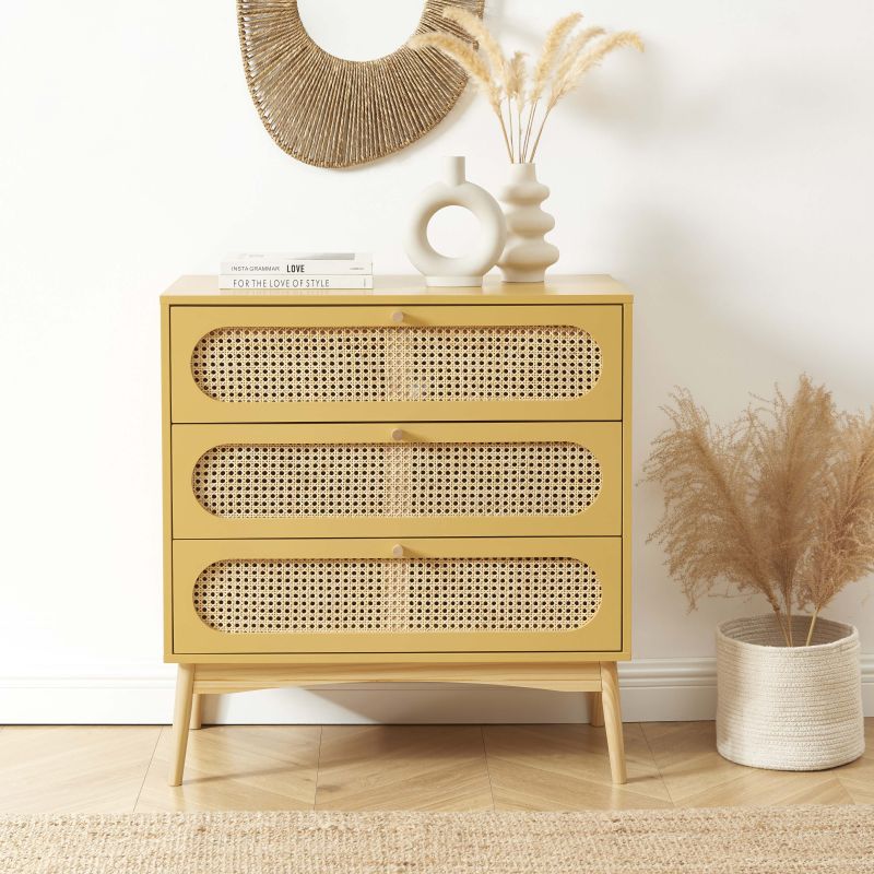 Commode SIXTINE 3 tiroirs jaune safran et cannage rotin 80cm
