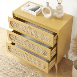 Commode SIXTINE 3 tiroirs jaune safran et cannage rotin 80cm