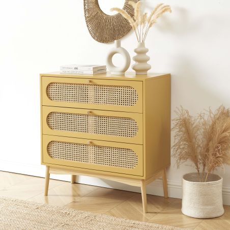 Commode SIXTINE 3 tiroirs jaune safran et cannage rotin 80cm