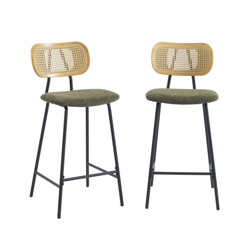 Set mit 2 Hockern TINA aus grünem Bouclé-Stoff und Rattan-Geflecht