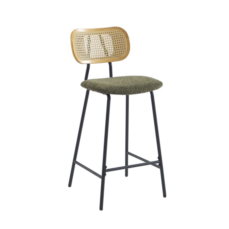Set mit 2 Hockern TINA aus grünem Bouclé-Stoff und Rattan-Geflecht