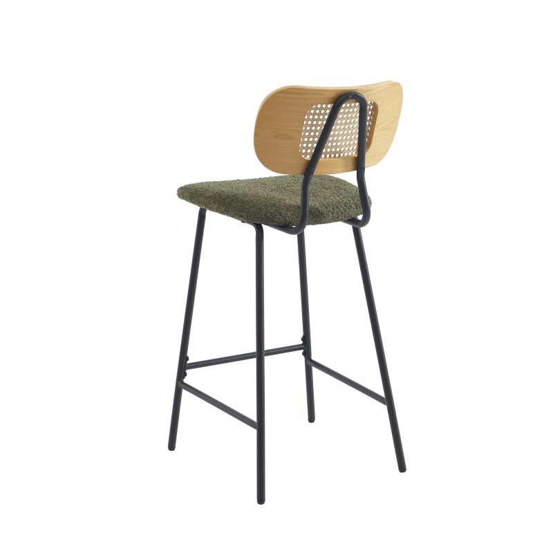 Set mit 2 Hockern TINA aus grünem Bouclé-Stoff und Rattan-Geflecht