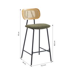 Set mit 2 Hockern TINA aus grünem Bouclé-Stoff und Rattan-Geflecht