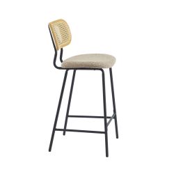 Lot de 2 tabourets TINA tissu bouclette taupe et cannage rotin